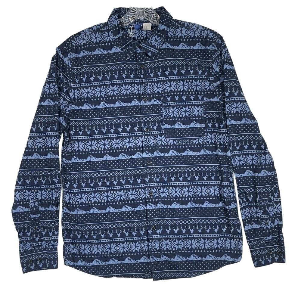 H&M Divided Button Down Shirt Mens Medium Blue Fair Isle Deer Mountain Print
